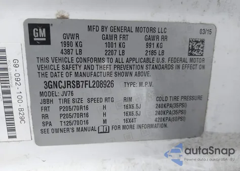 2015 Chevrolet Trax Lt from USA, damaged, VIN 3GNCJRSB7FL208926